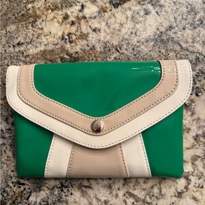 Green Patent Envelope Clutch with Cream and White Trim